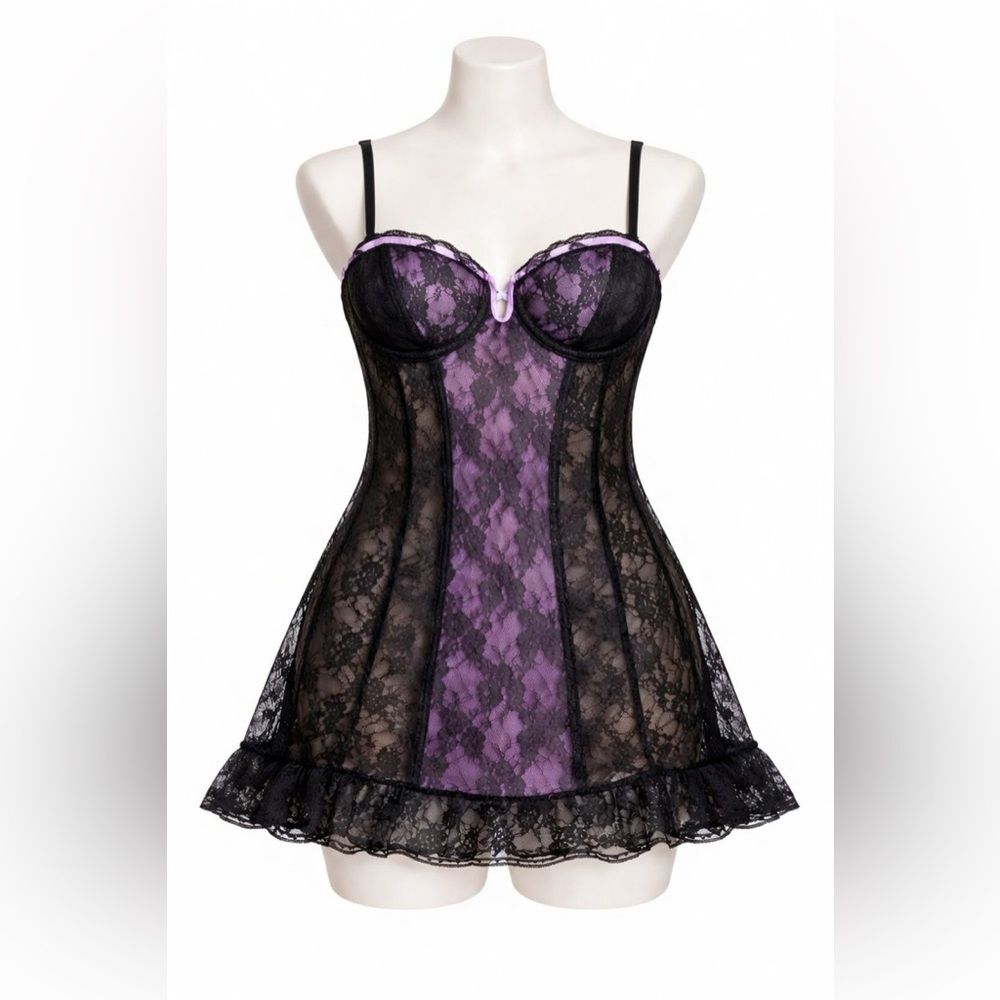 VTG Victoria's Secret Chemise Lingerie Sexy Babydoll 34B Black Purple Lace& Mesh